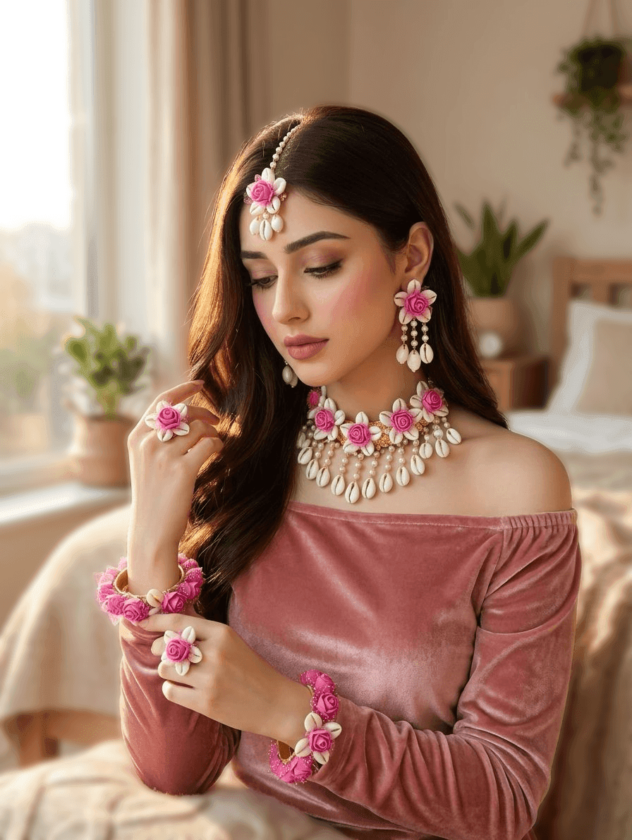 Pink Blossom & Cowrie Shell Haldi Bridal Jewelry Set for Fashionistas