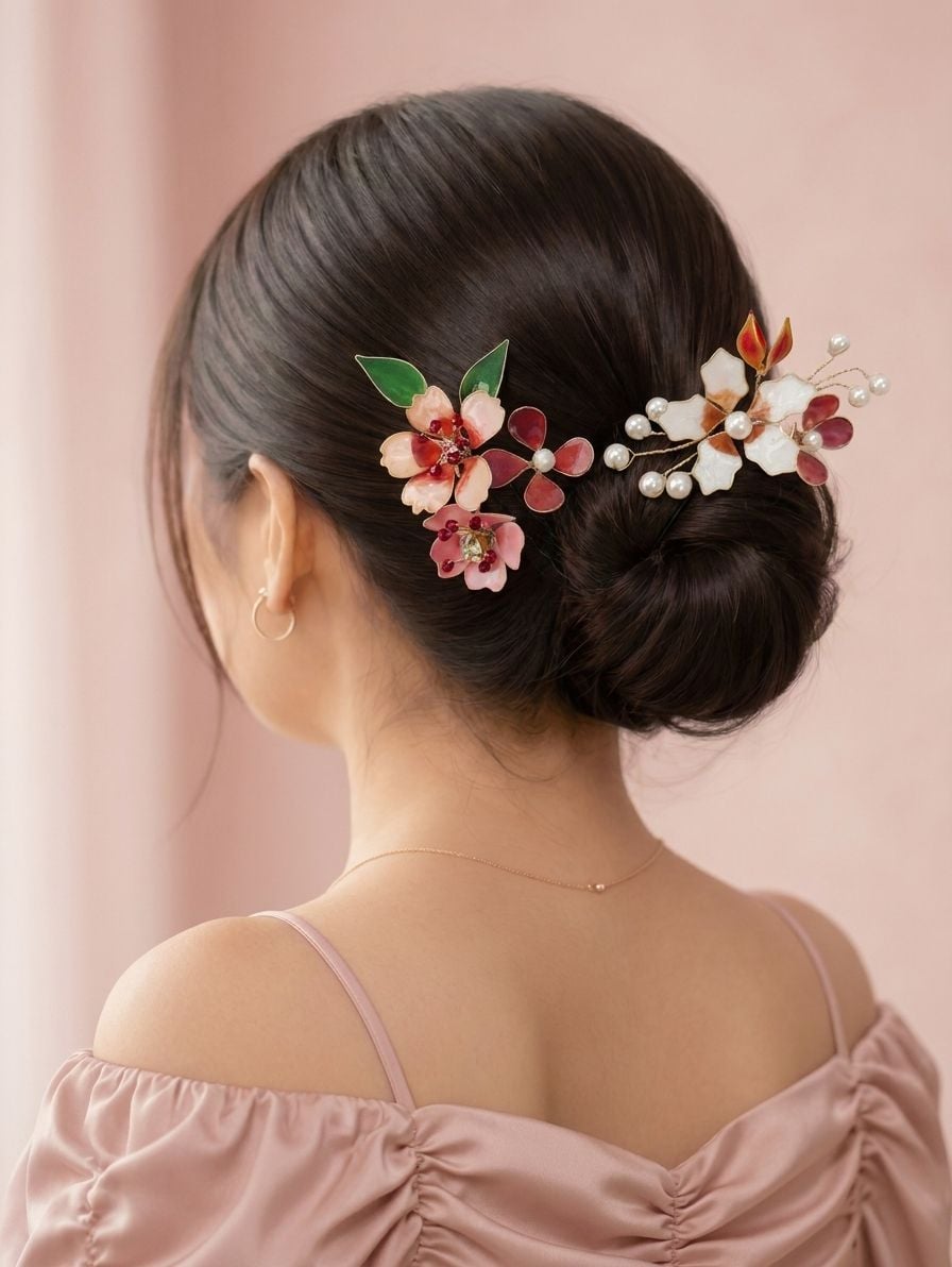 Handmade Brown & White Floral Resin Hair Pins Set