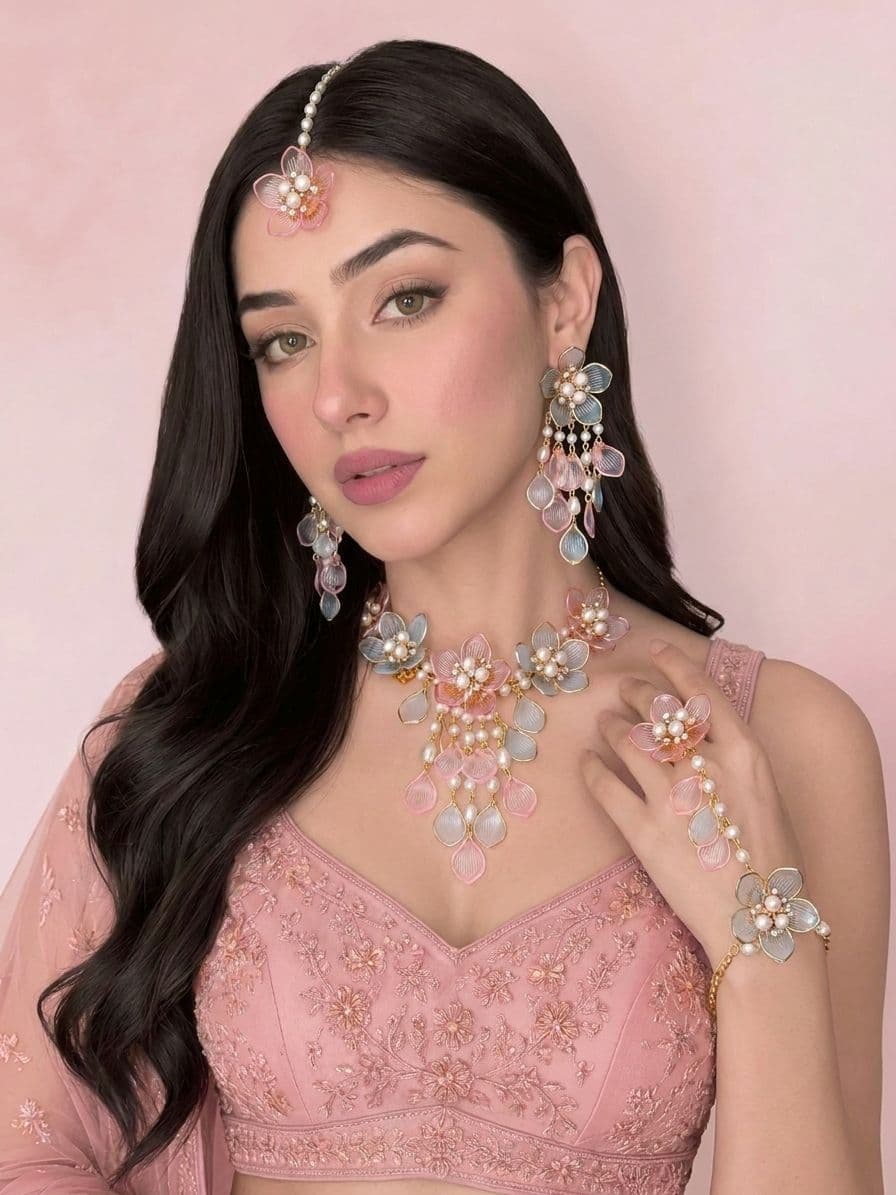 Blooming Bliss: Powder Blue & Pink Floral Bridal Set in Resin & Gold