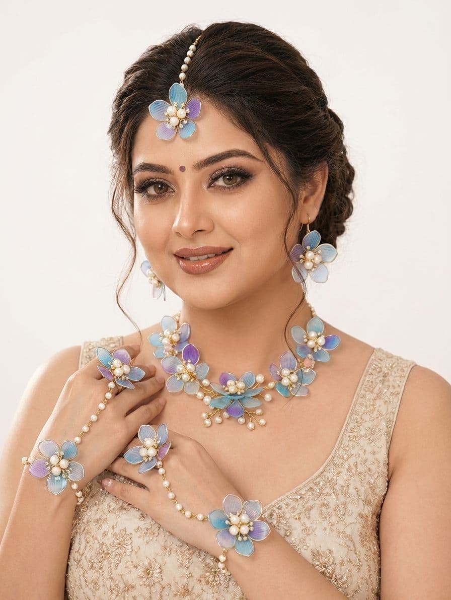 Pastel Blue Purple Acrylic Floral Jewellery Set for Haldi & Mehndi Brides