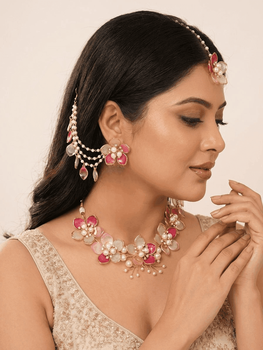 Handmade Bridal Green-Pink Floral Resin Jewellery for Haldi & Mehndi