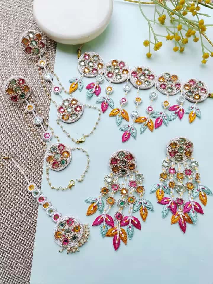 Stylish Senior Floral Finesse: Pink-Orange-Sky Blue Handmade Jewelry