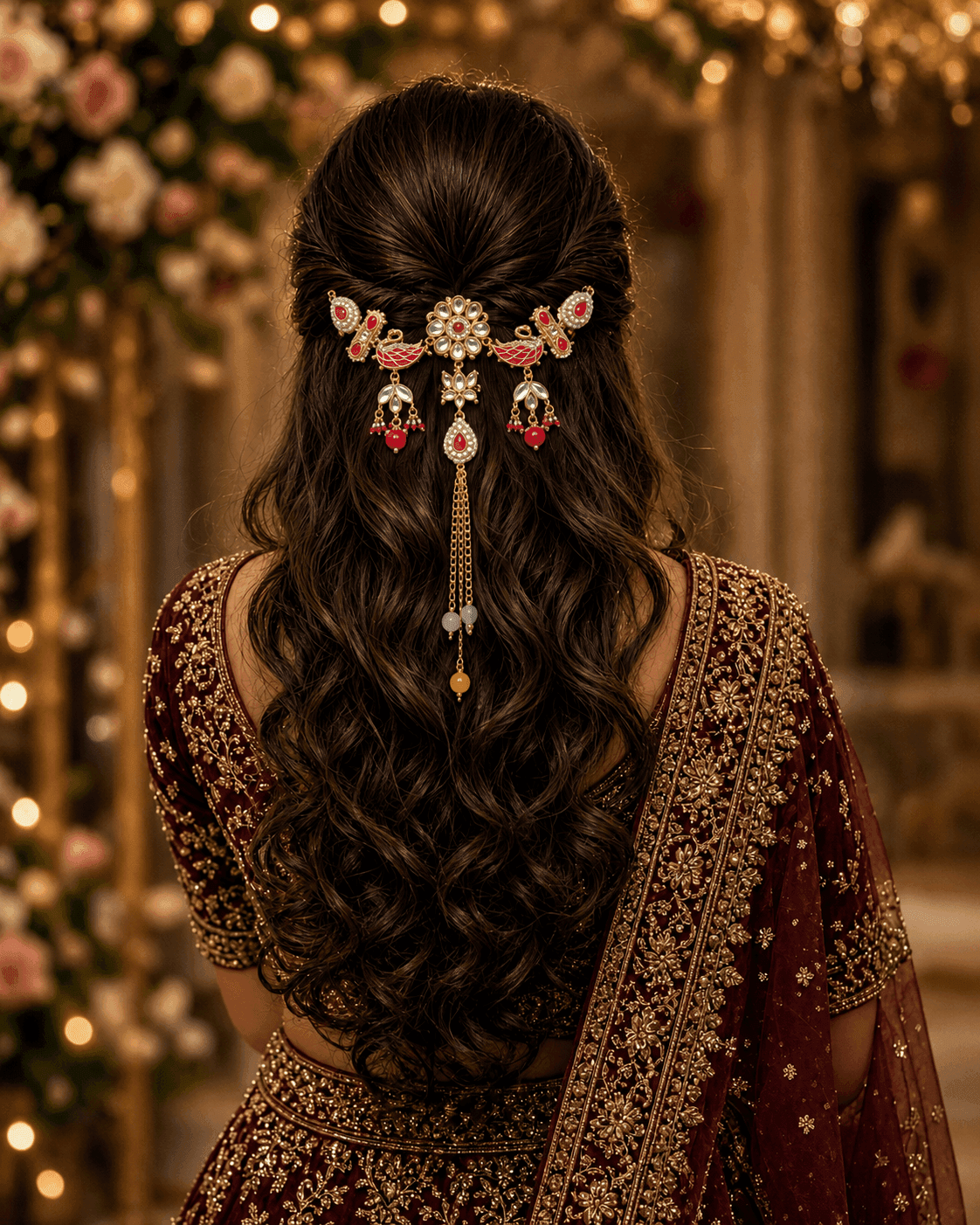 Pink Floral Kundan Hair Accessory & Pearl Jewellery
