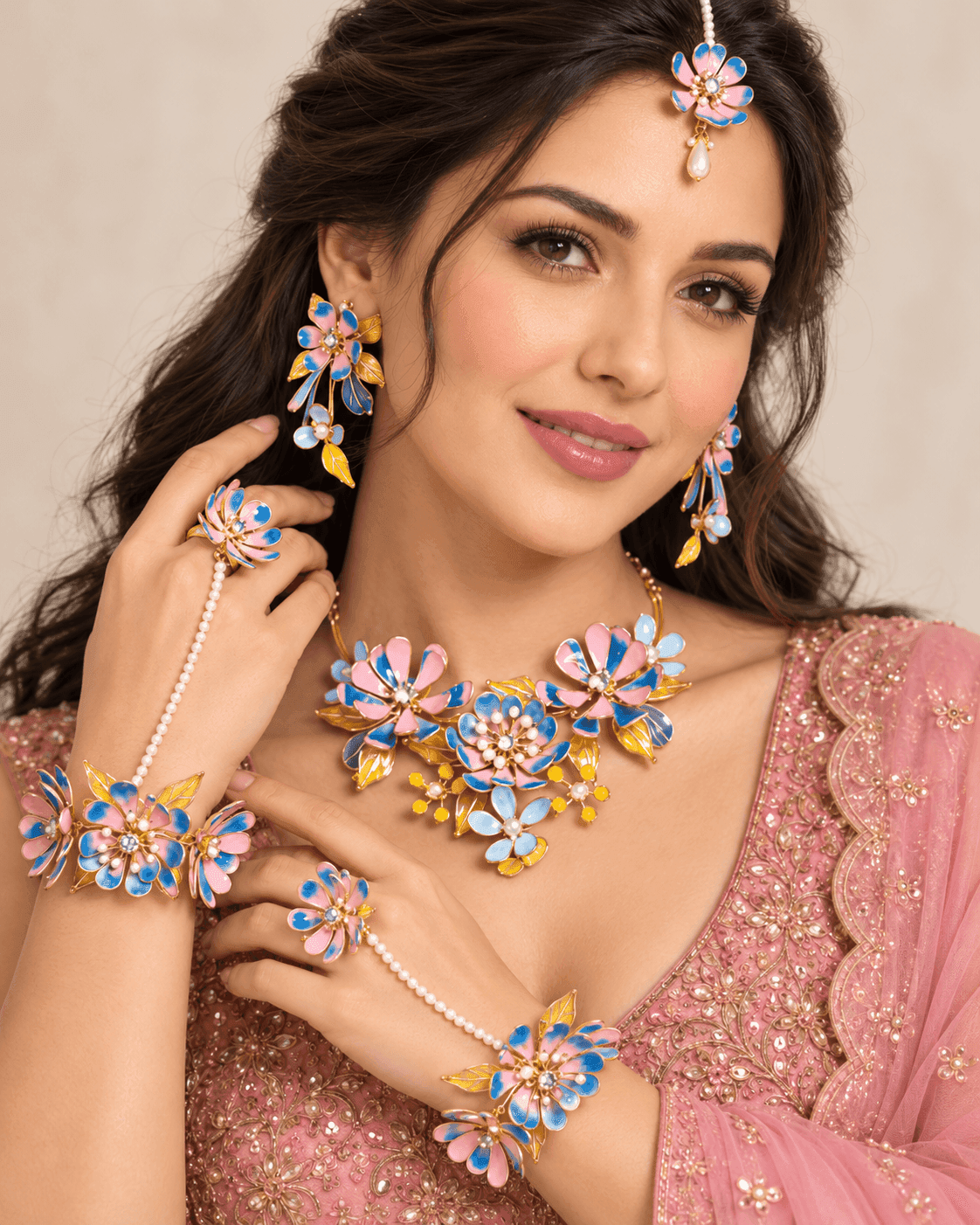 Handcrafted Blue & Pink Resin Flower Jewellery Set for Brides