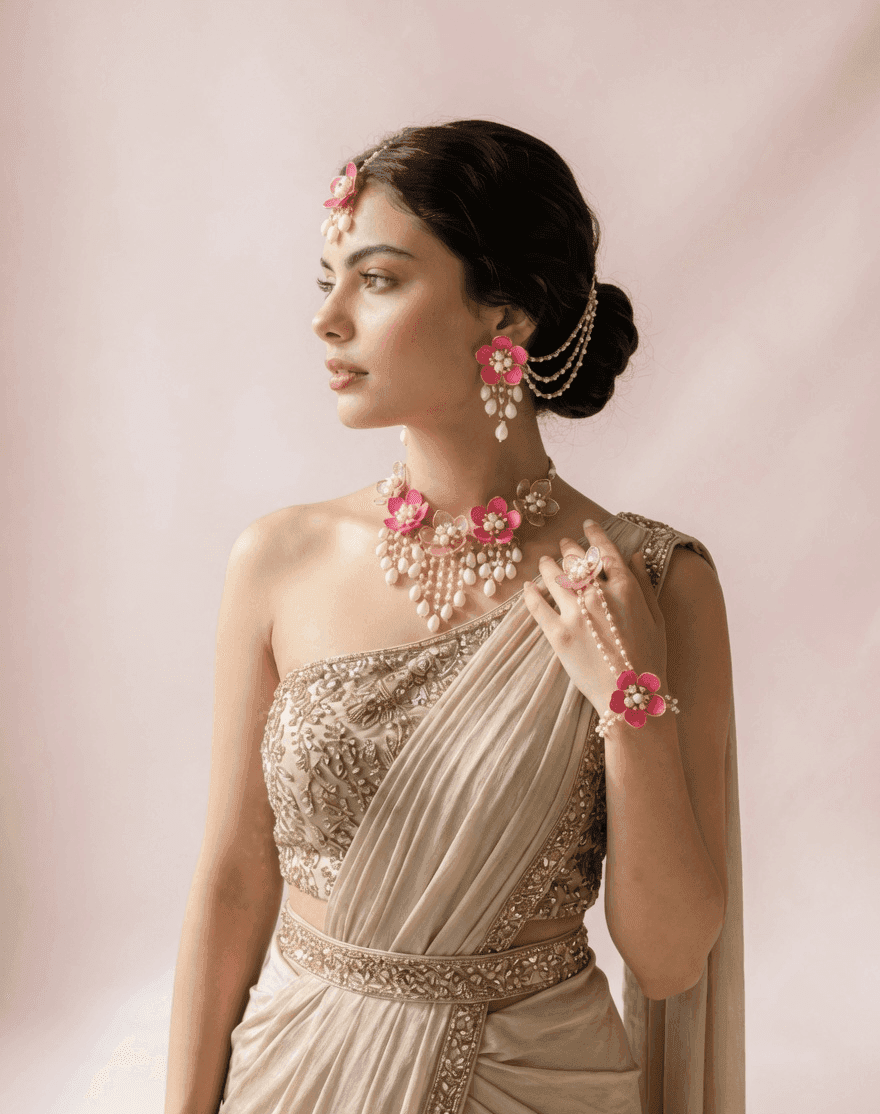 Elegantly Crafted Pink Floral Acrylic Jewelry for Haldi-Mehndi Events