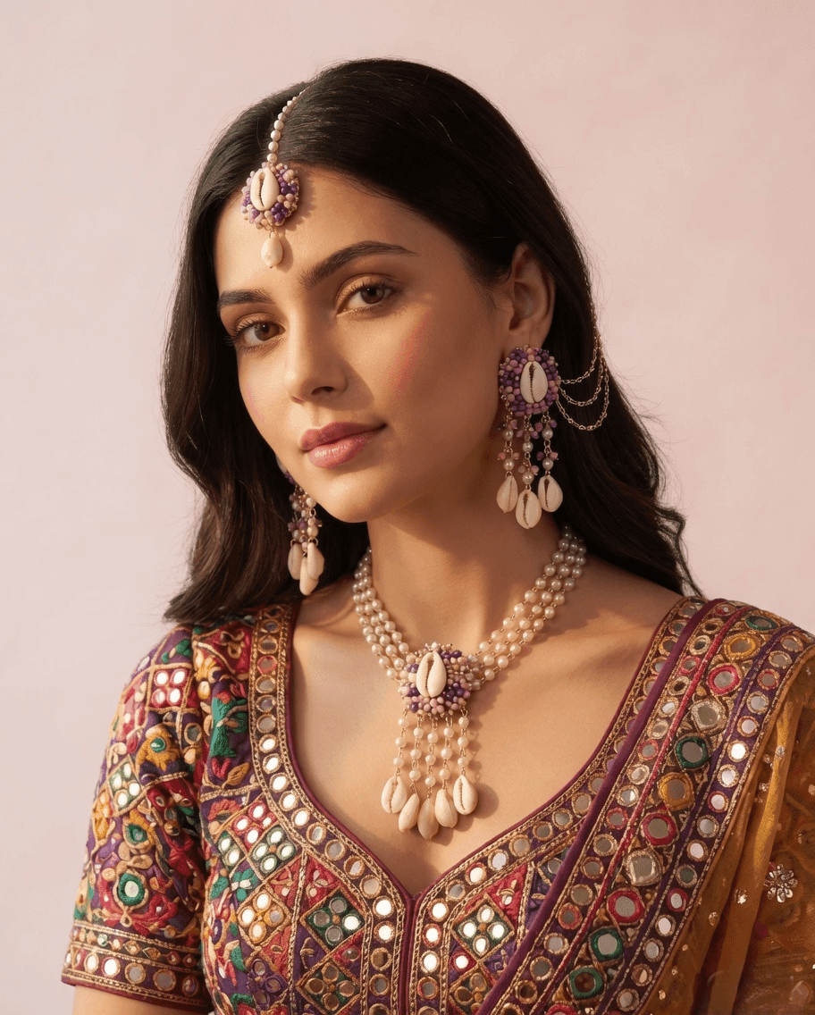 Lavender-Pink Pearl & Sea Shell Haldi Mehndi Jewelry Set for Women