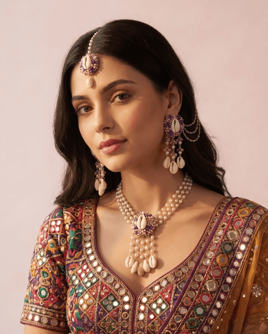 Lavender-Pink Pearl & Sea Shell Haldi Mehndi Jewelry Set for Women