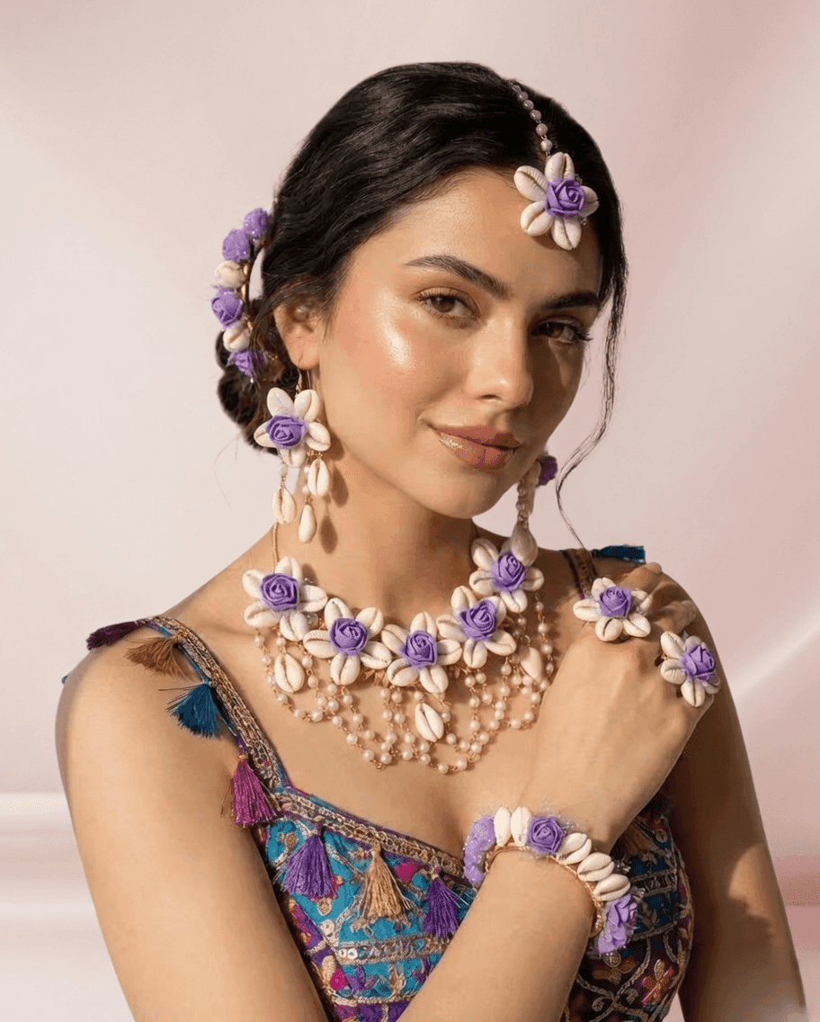 Lavender Bloom Sea Shell Jewelry Set for Chic Haldi Mehndi
