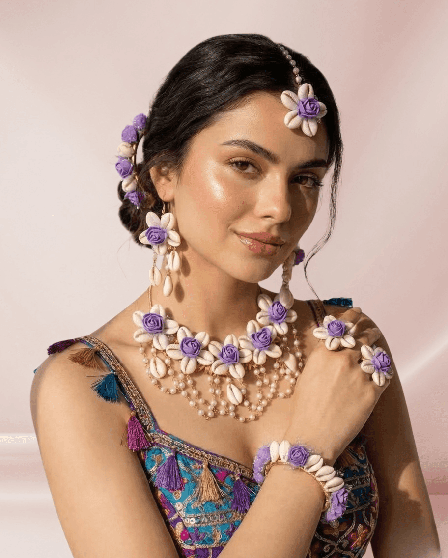 Lavender Bloom Sea Shell Jewelry Set for Chic Haldi Mehndi