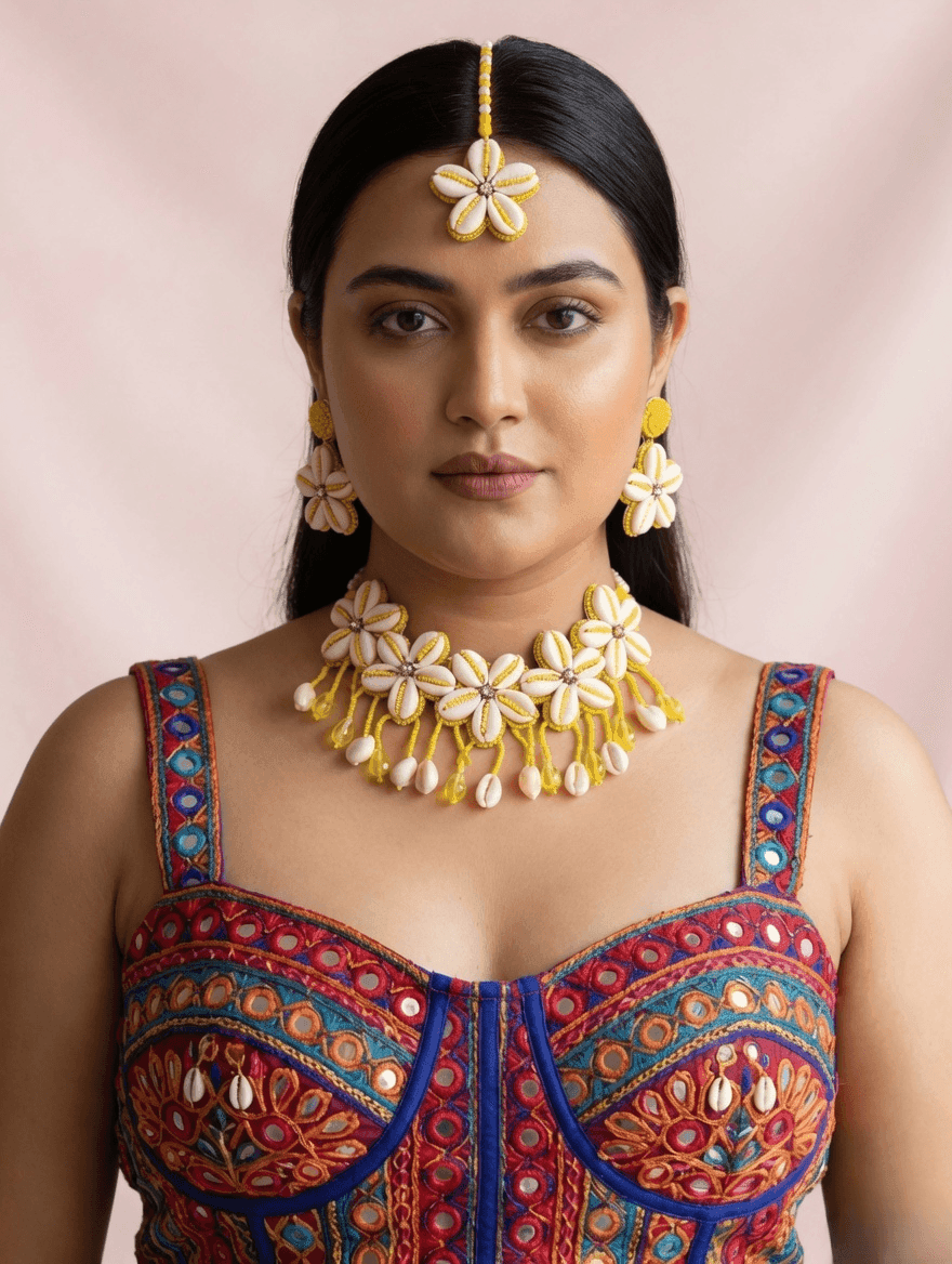 Yellow Beaded Cowrie Haldi Mehndi Jewellery Set for Bride