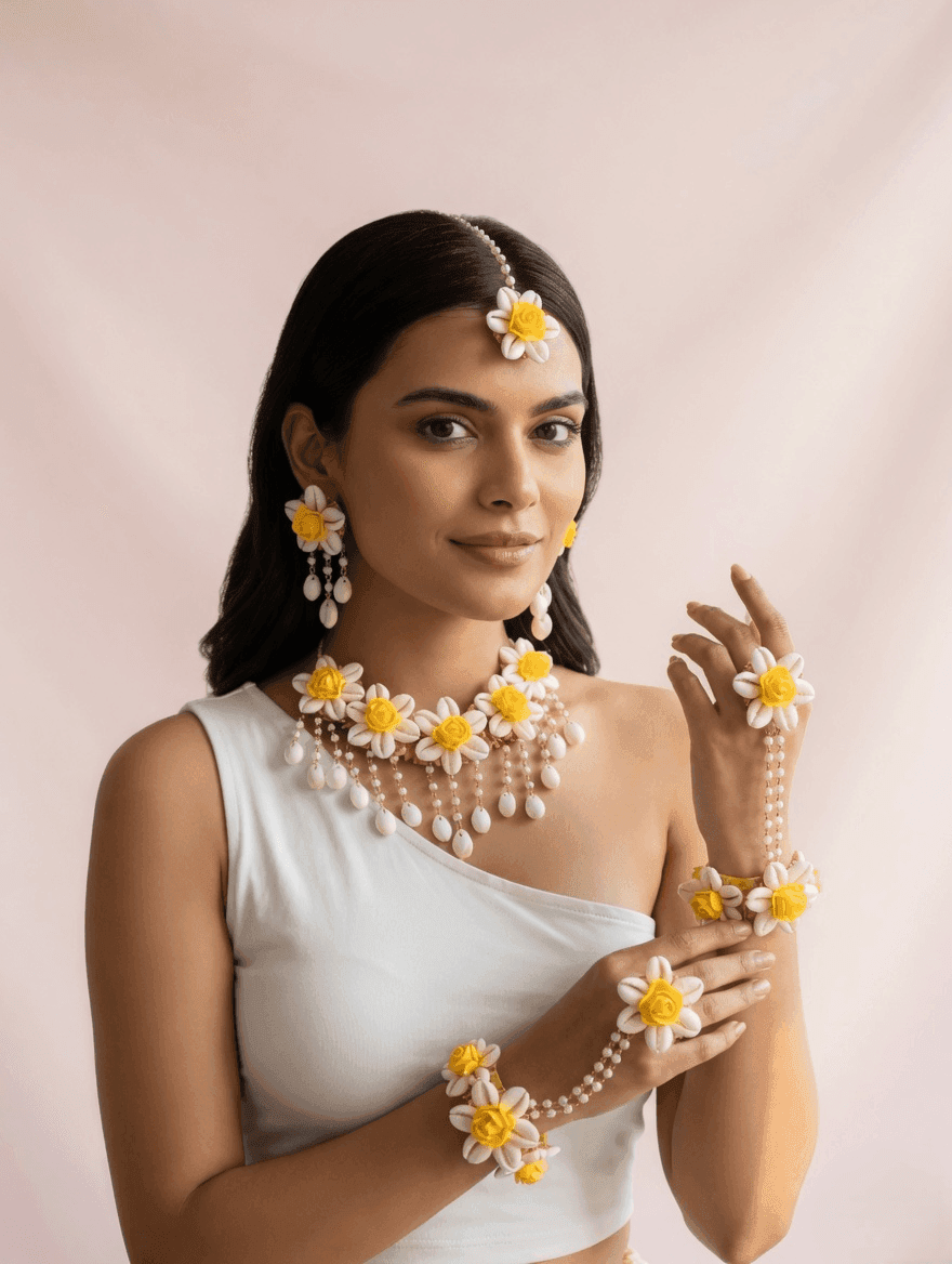 Yellow Rose Cowrie Shell Jewellery Set for Haldi & Mehndi Brides