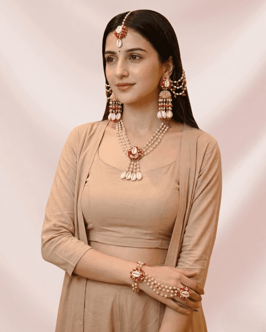 Traditional Red Cowrie Shell Haldi Jewellery Set for Wedding