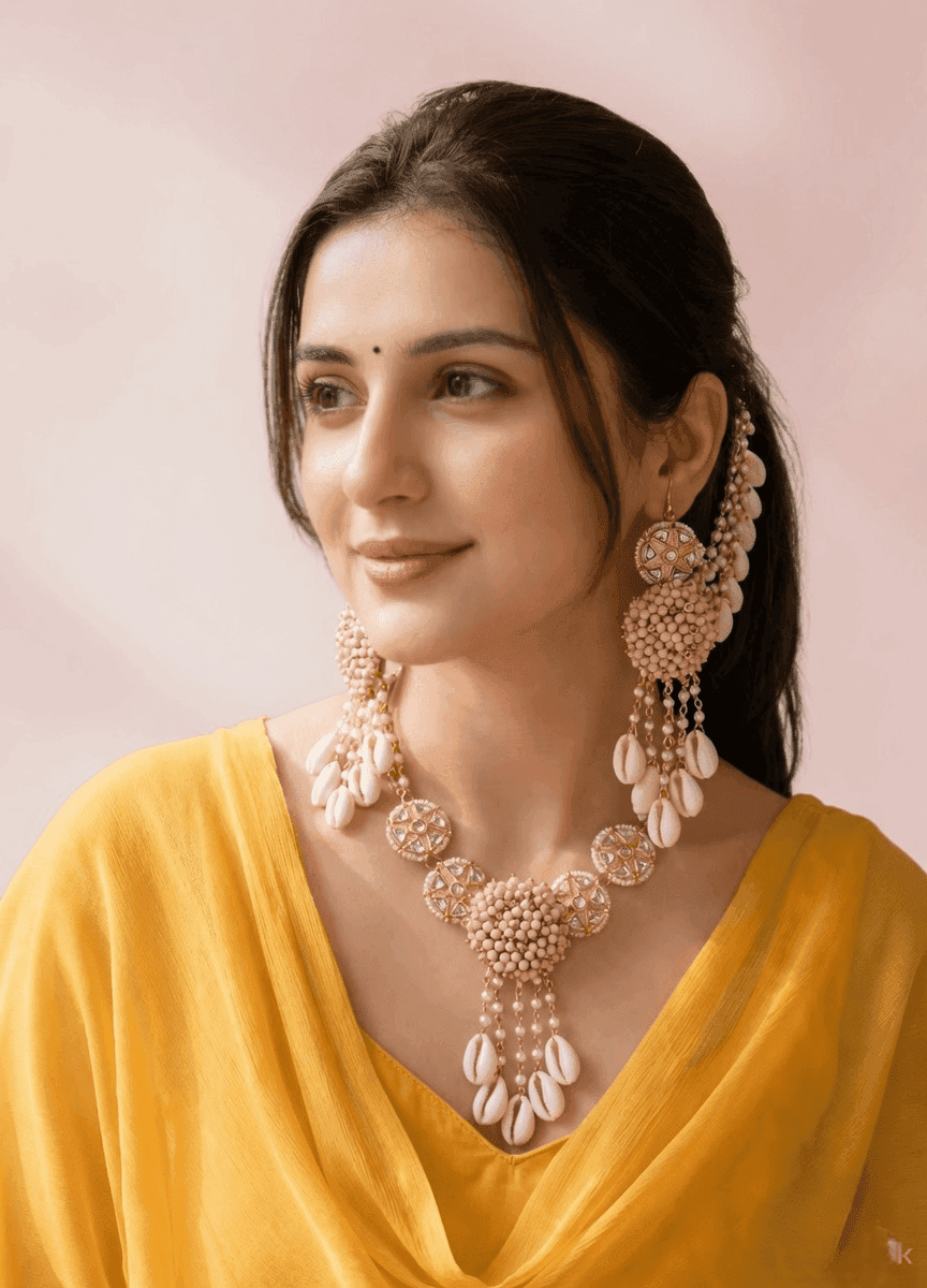Lavender Blossom: Gold Plated Sea Shell & Pink Pearl Haldi Jewellery