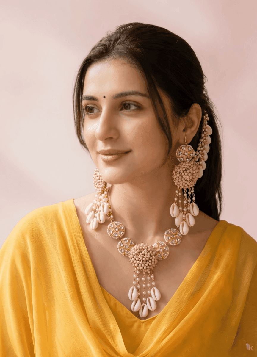 Designer Blush Pink Cowrie Shell Jewellery Set for Women