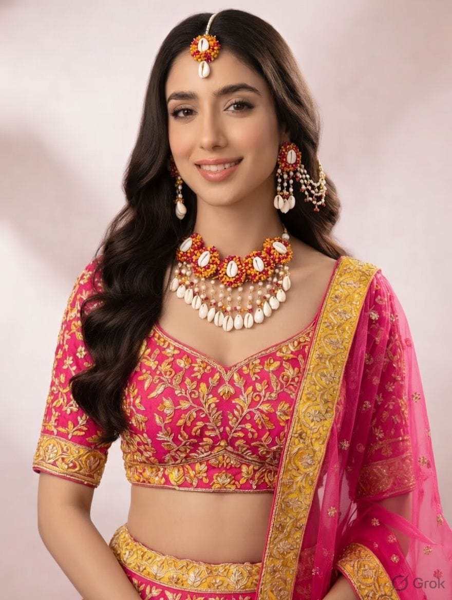 Pink-Orange Pearl Shell - Bridal Wedding Set - Haldi Mehndi Kalira