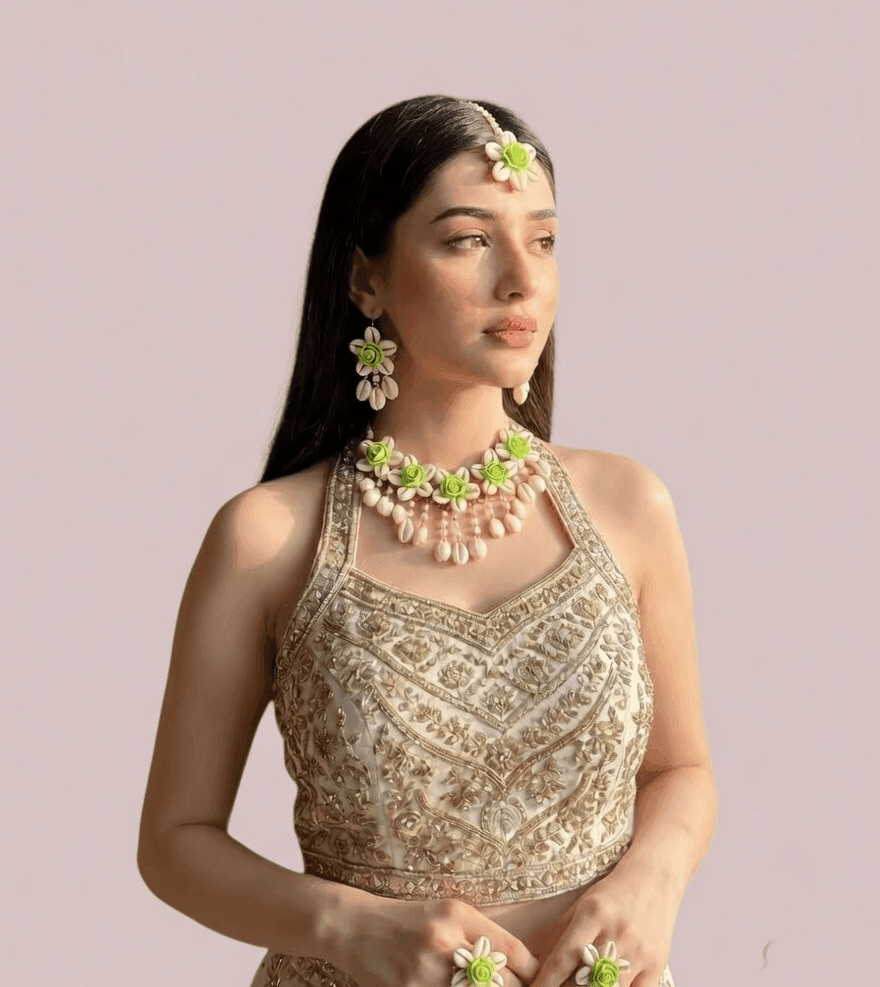 Lime Floral Cowrie Shell Bridal Jewellery Set for Mehendi
