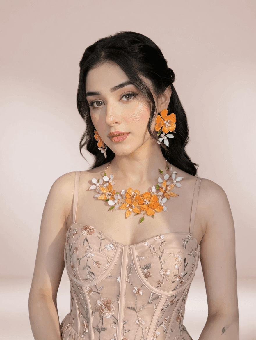 Orange-White Floral Necklace Earrings Set for Haldi Mehndi Brides