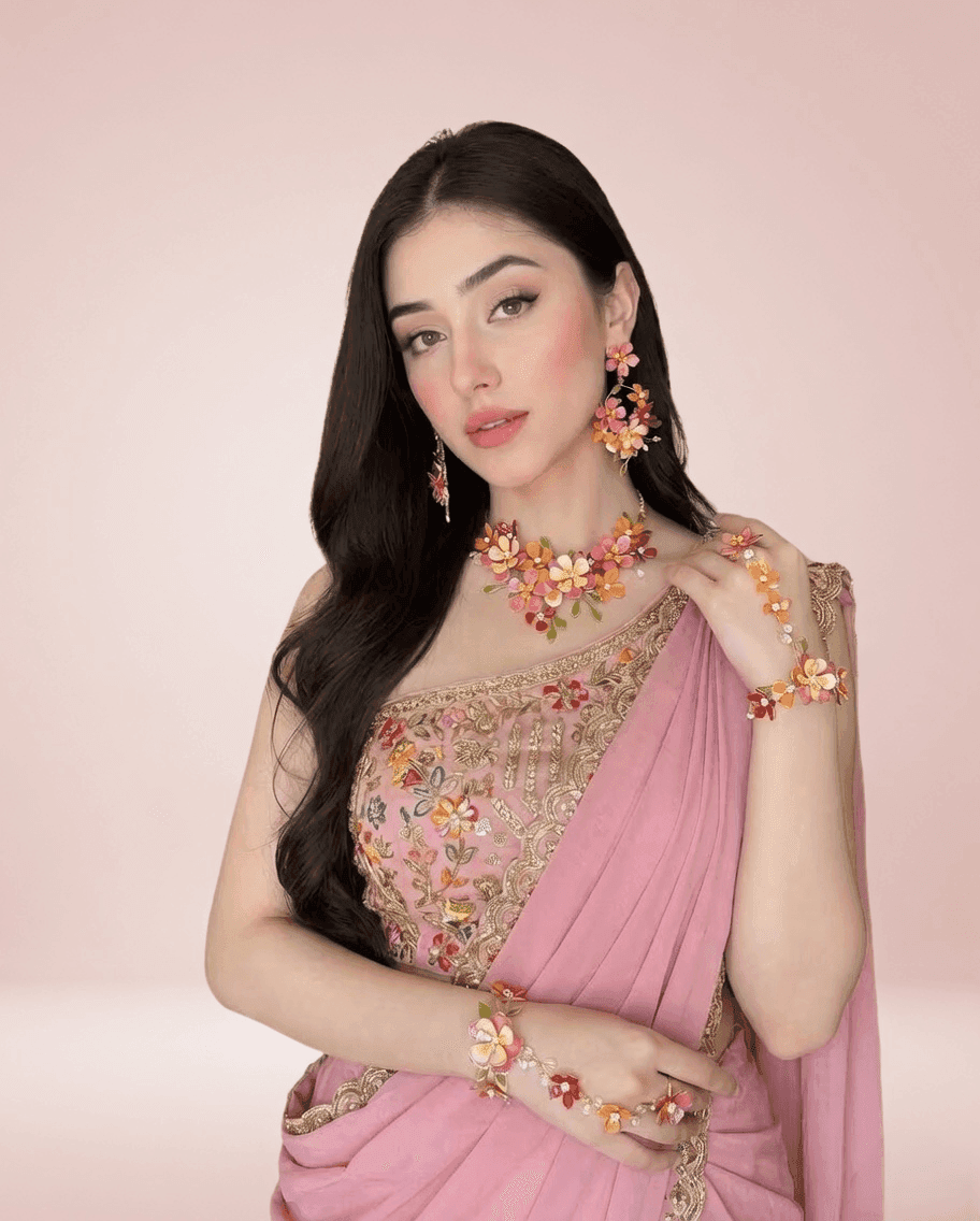 Pink-Orange Floral Resin Bridal Haldi Jewellery Set