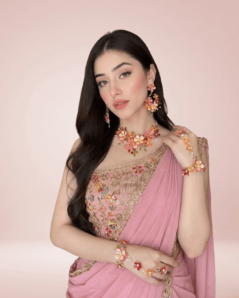 Pink-Orange Floral Resin Bridal Haldi Jewellery Set