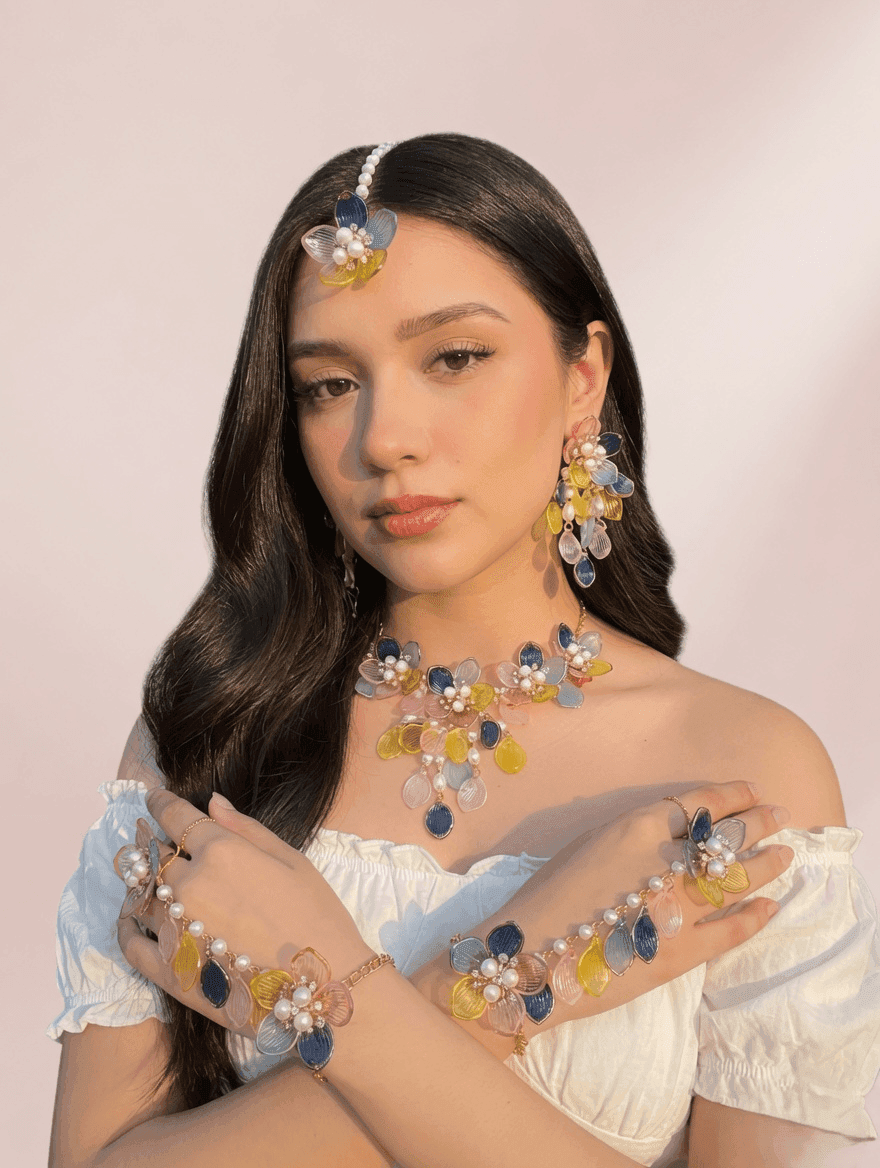 Floral Hues: Blue, Pink & Yellow Resin Carnival Bridal Jewellery Set for Haldi-Mehndi Celebration