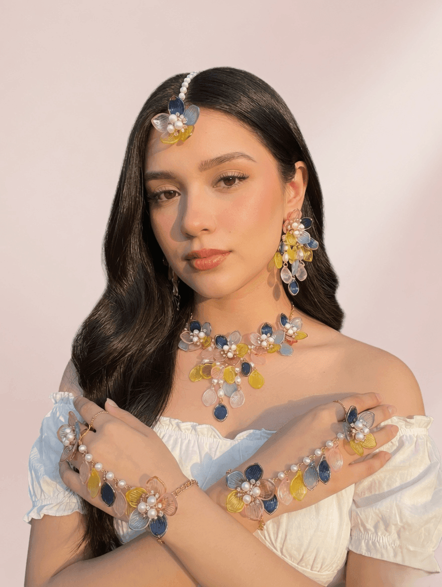 Floral Hues: Blue, Pink & Yellow Resin Carnival Bridal Jewellery Set for Haldi-Mehndi Celebration
