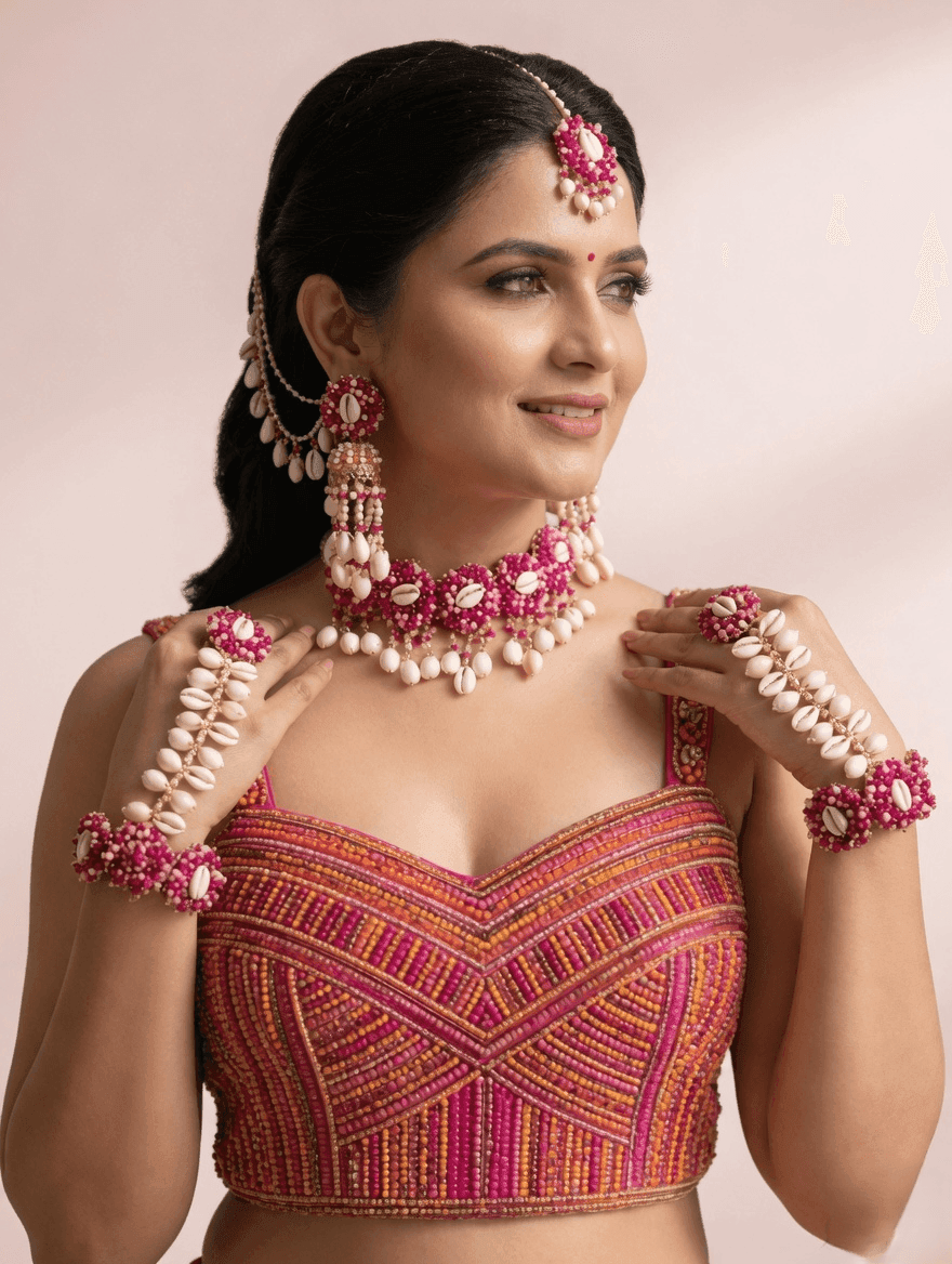 Pink Pearl Haldi Bridal Set: Gold-Plated Florals & Kaliras
