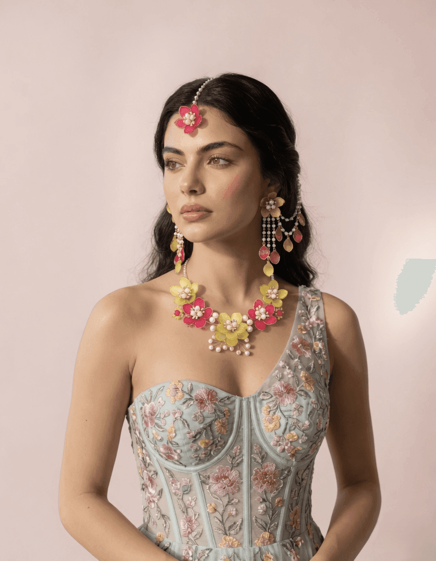 Designer Floral Haldi-Mehndi Bridal Jewellery Pink & Green