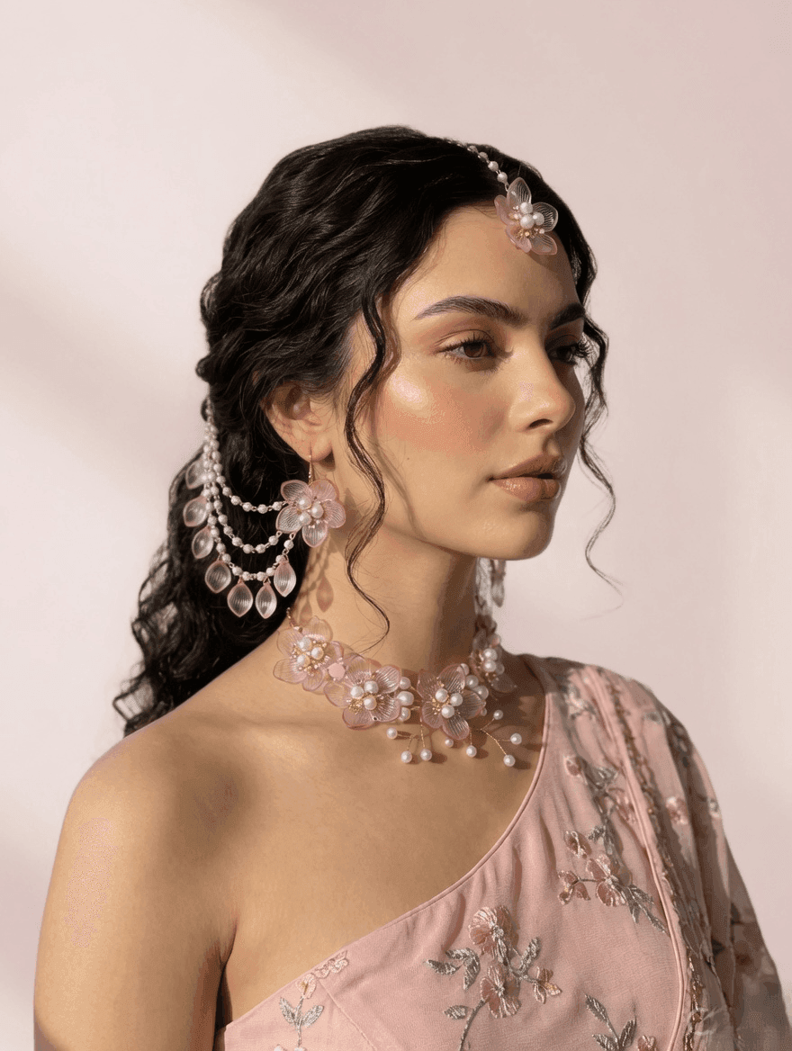 Soft Pink Acrylic Floral Jewellery Set for Haldi & Mehndi Brides