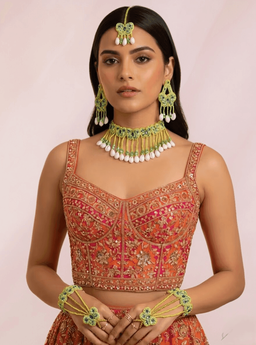Designer Green Thread Haldi Jewellery Set for Mehndi Ceremony