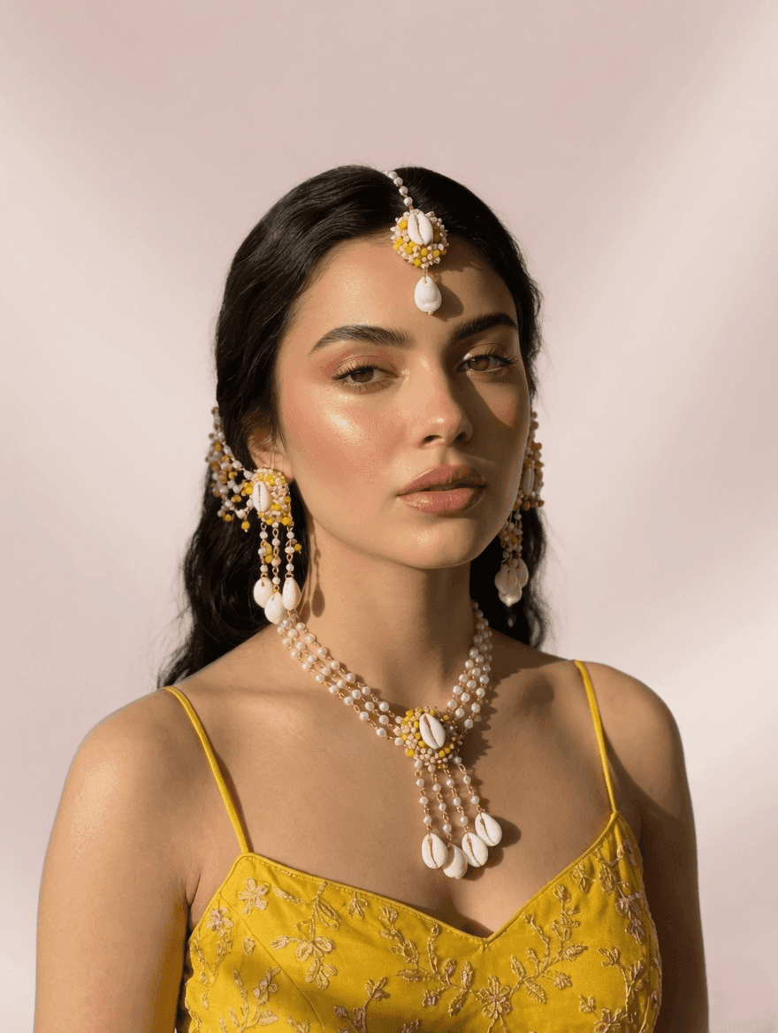 Handmade Cowrie Shell Haldi Jewellery Set with Pearl Beads