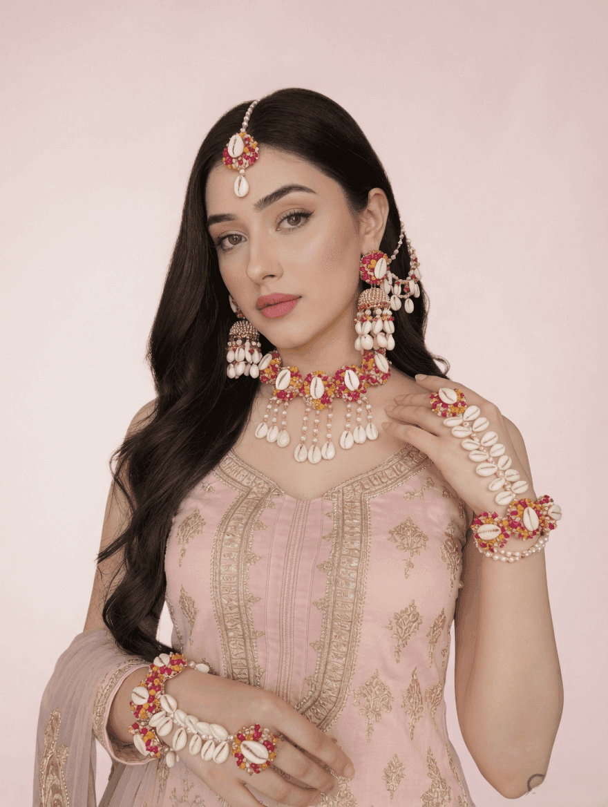 Pink Shell Flower Haldi Mehndi Jewellery Set