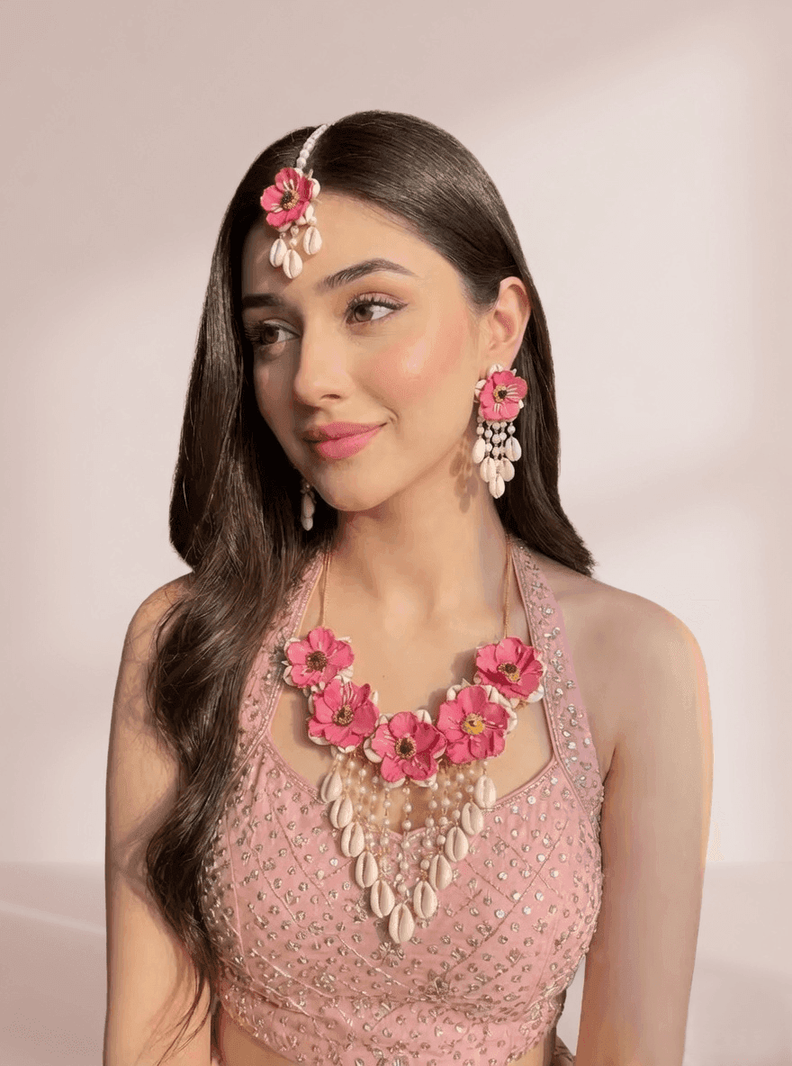 Pink Floral: Handcrafted Cowrie Shell Haldi Bridal Jewelry Set