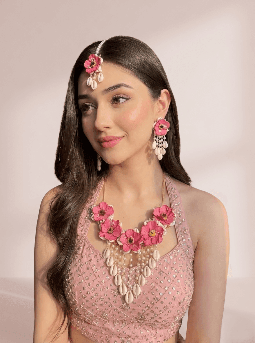 Pink Floral: Handcrafted Cowrie Shell Haldi Bridal Jewelry Set