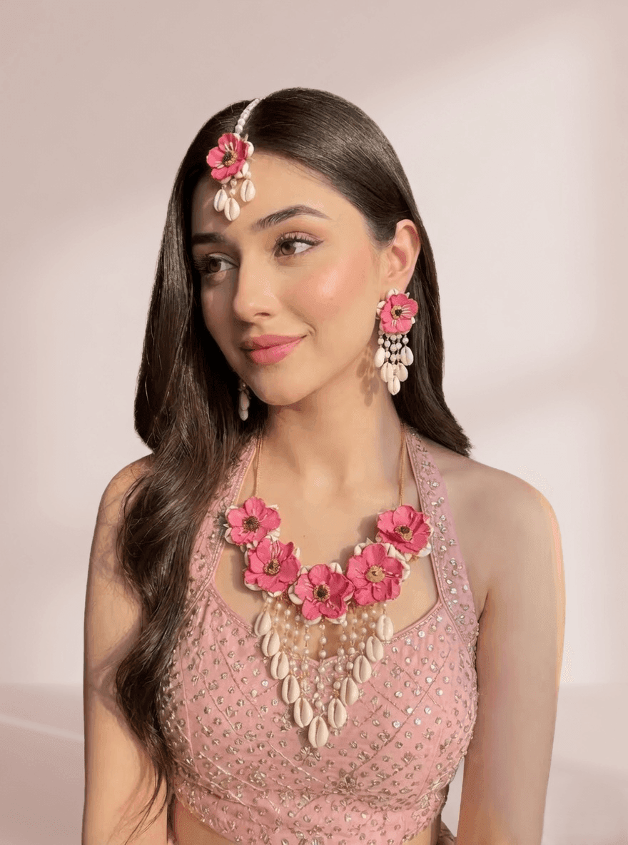 Pink Floral: Handcrafted Cowrie Shell Haldi Bridal Jewelry Set