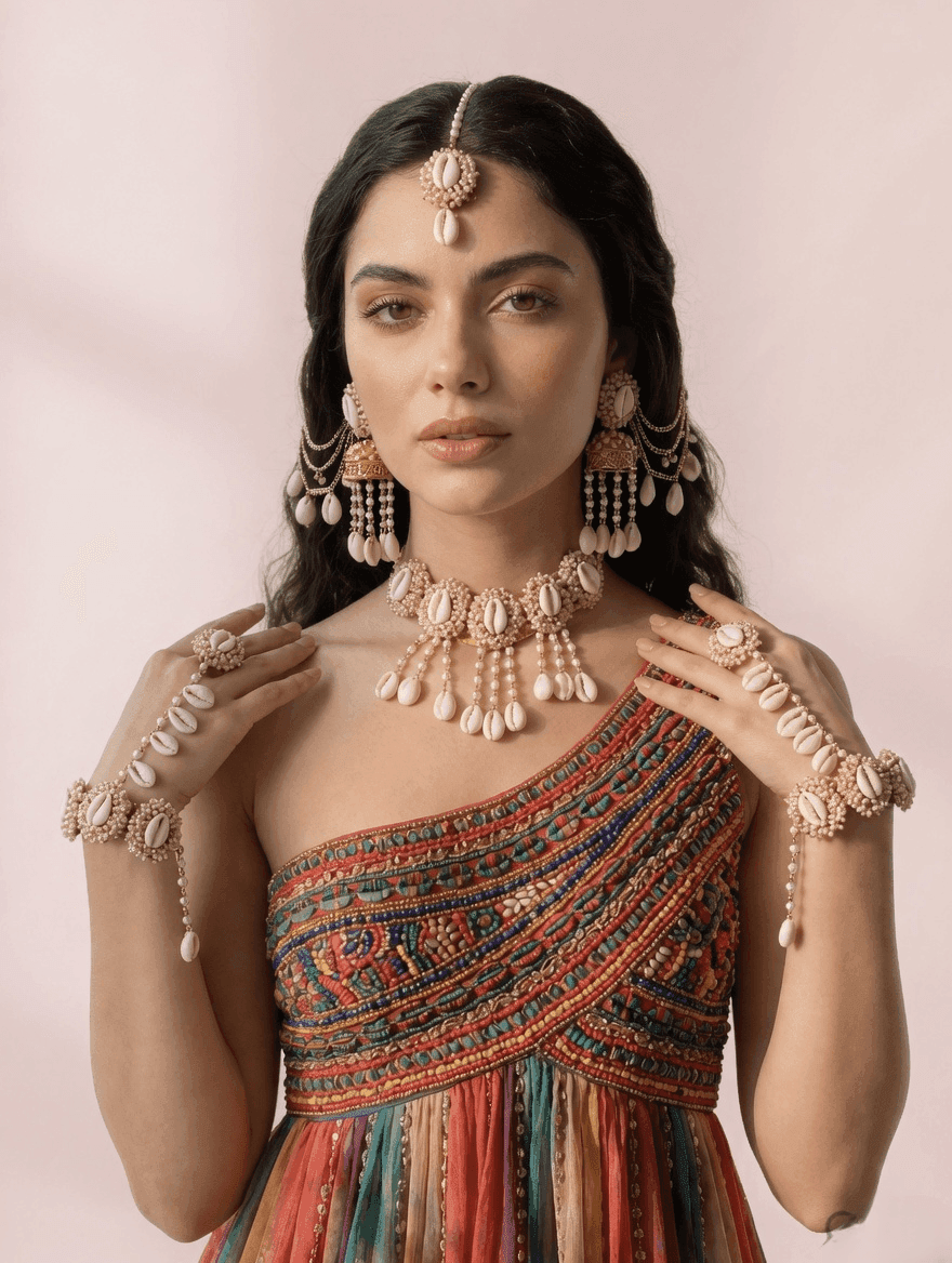 Elegant White Pearl & Shell Jewellery for Festive Haldi-Mehndi