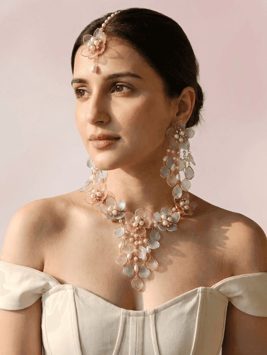 Blooming Bliss: Powder Blue & Pink Floral Bridal Set in Resin & Gold