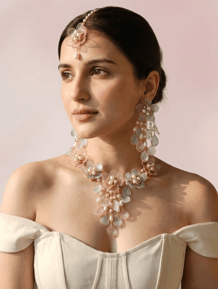 Blooming Bliss: Powder Blue & Pink Floral Bridal Set in Resin & Gold