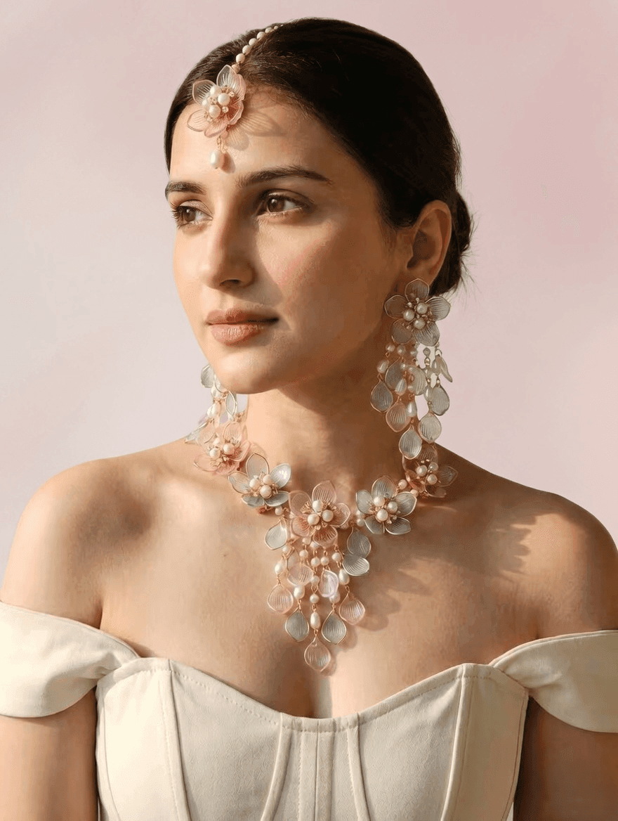 Blooming Bliss: Powder Blue & Pink Floral Bridal Set in Resin & Gold