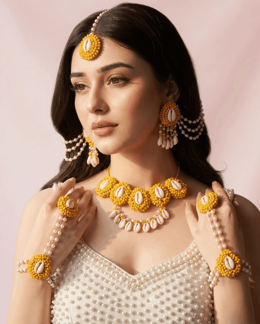 Golden Glory: Haldi-Mehndi Special Pearl & Sea Shell Jewellery Set