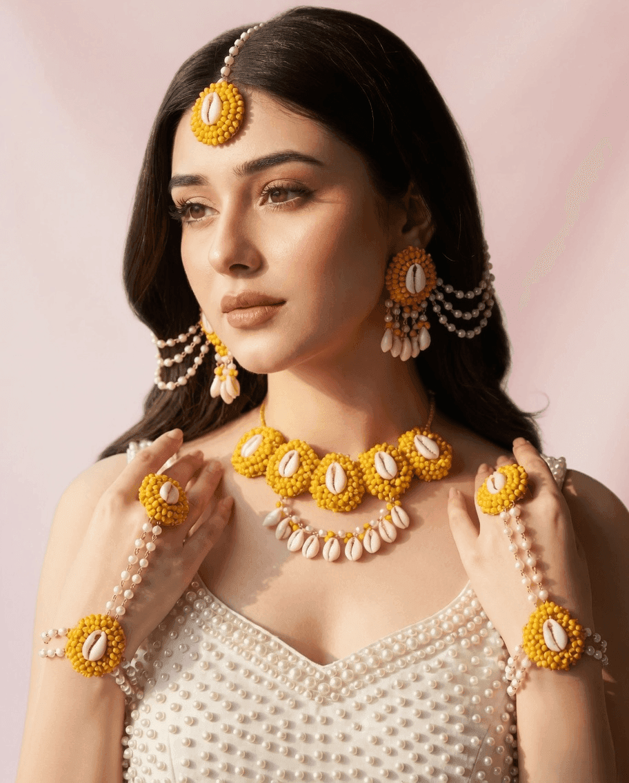Golden Glory: Haldi-Mehndi Special Pearl & Sea Shell Jewellery Set
