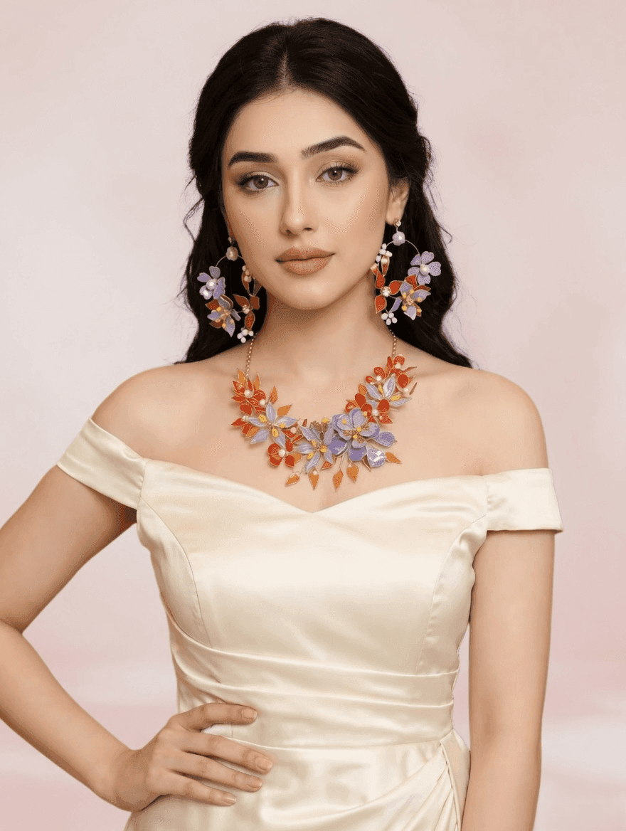 Orange-Lavender Floral Necklace Earrings Set for Haldi Brides