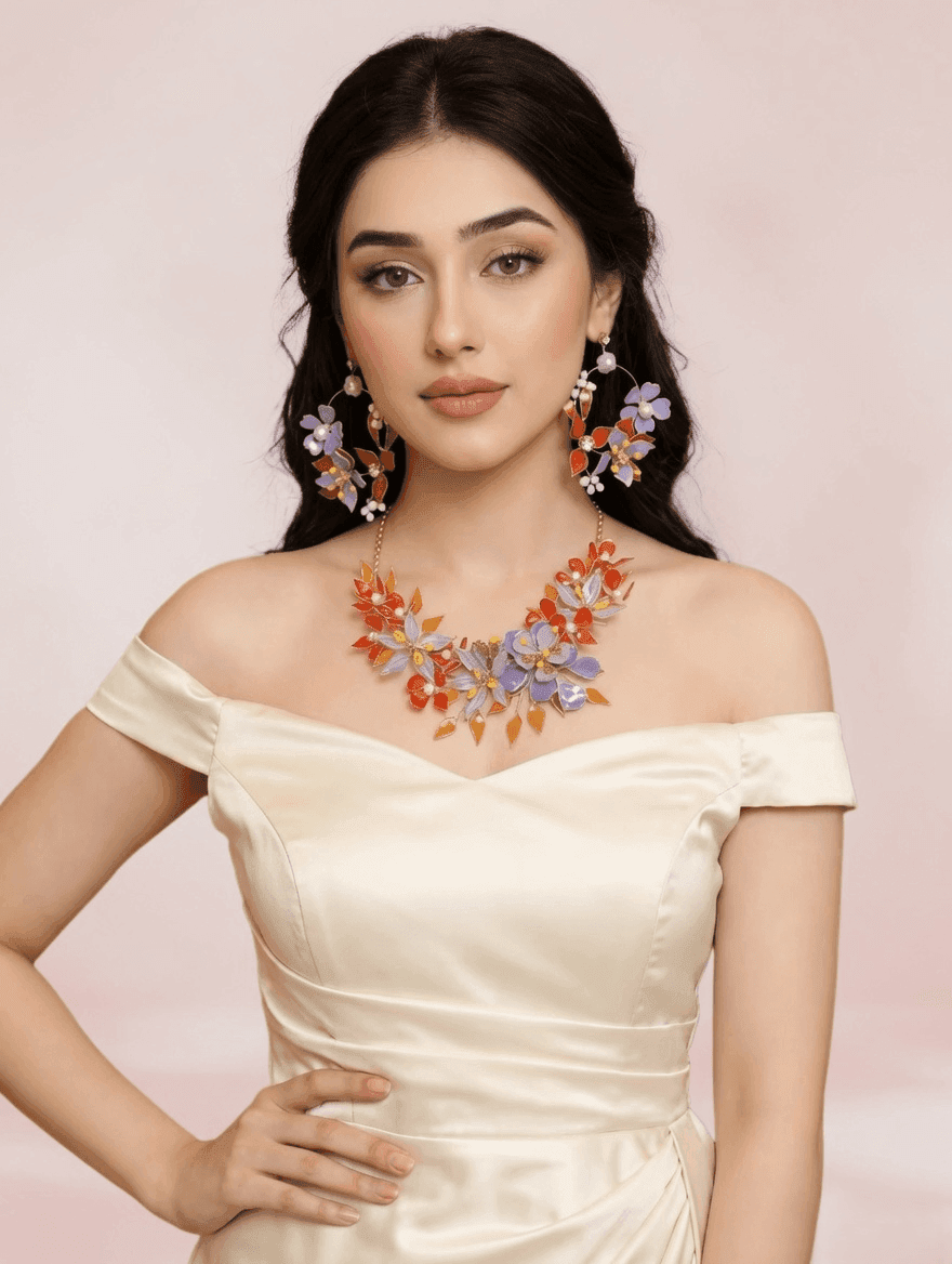 Orange-Lavender Floral Necklace Earrings Set for Haldi Brides