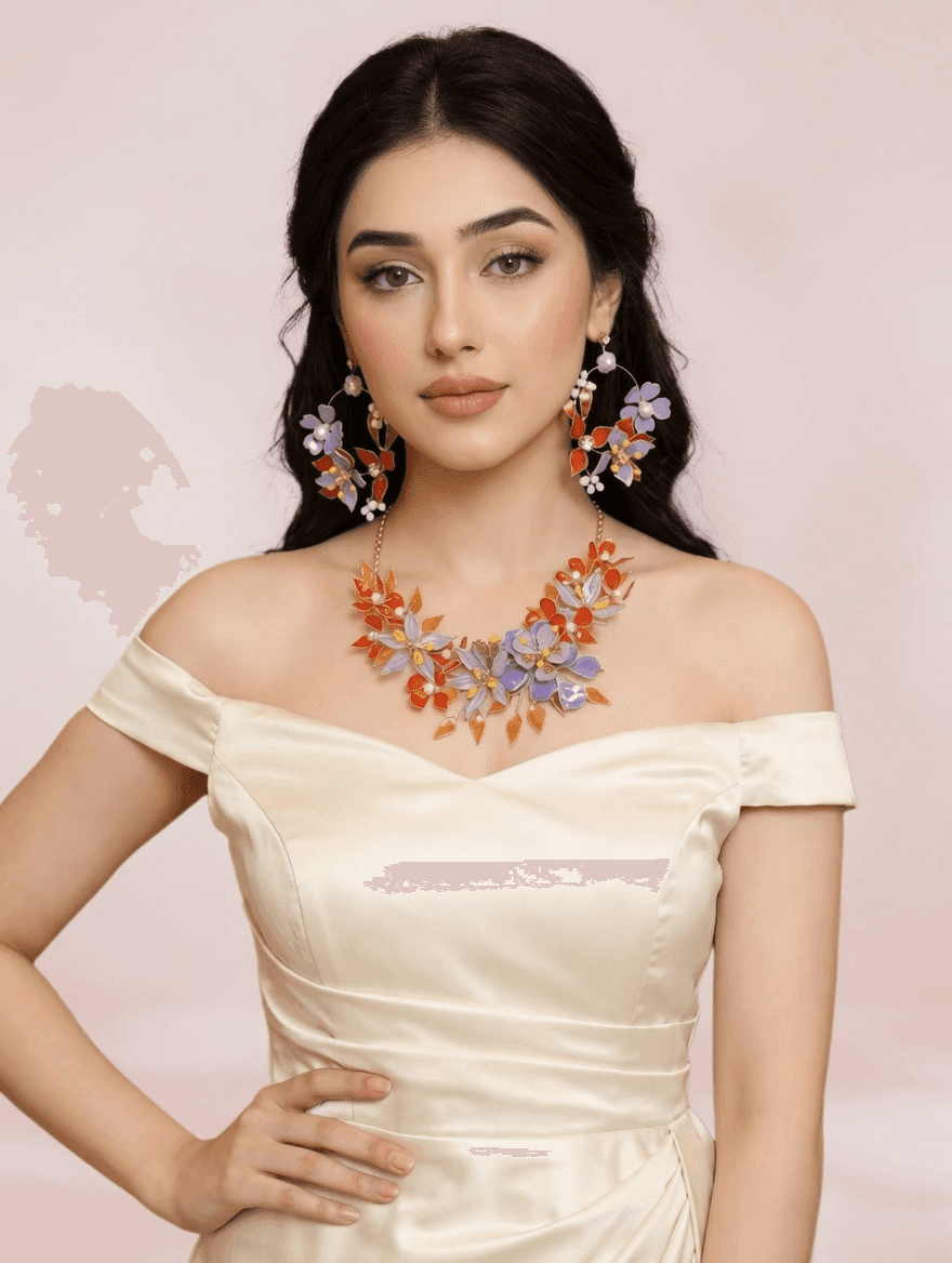 Orange-Lavender Floral Necklace Earrings Set for Haldi Brides