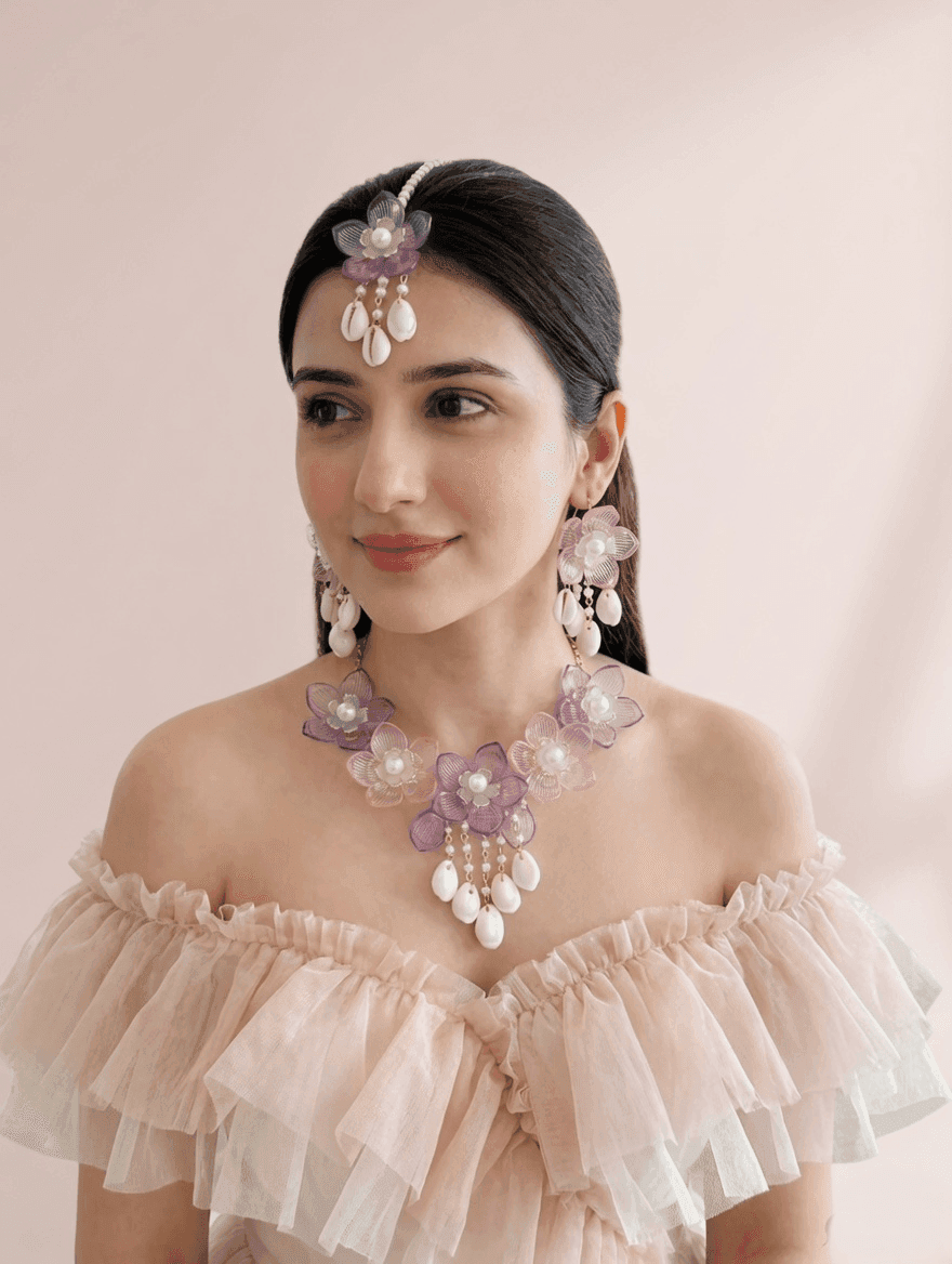Lavender-Pink Delight: Floral Handmade Resin Carnival Bridal Jewellery Set
