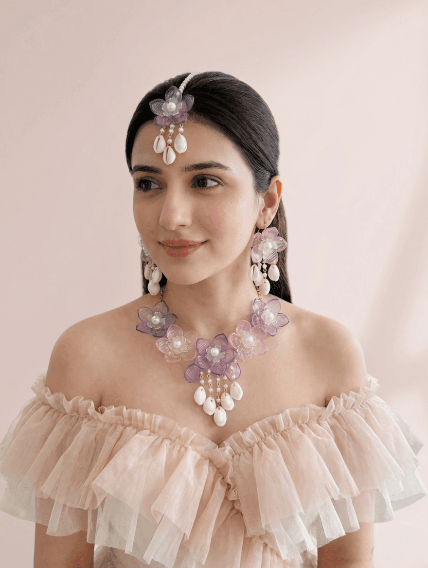 Lavender-Pink Delight: Floral Handmade Resin Carnival Bridal Jewellery Set