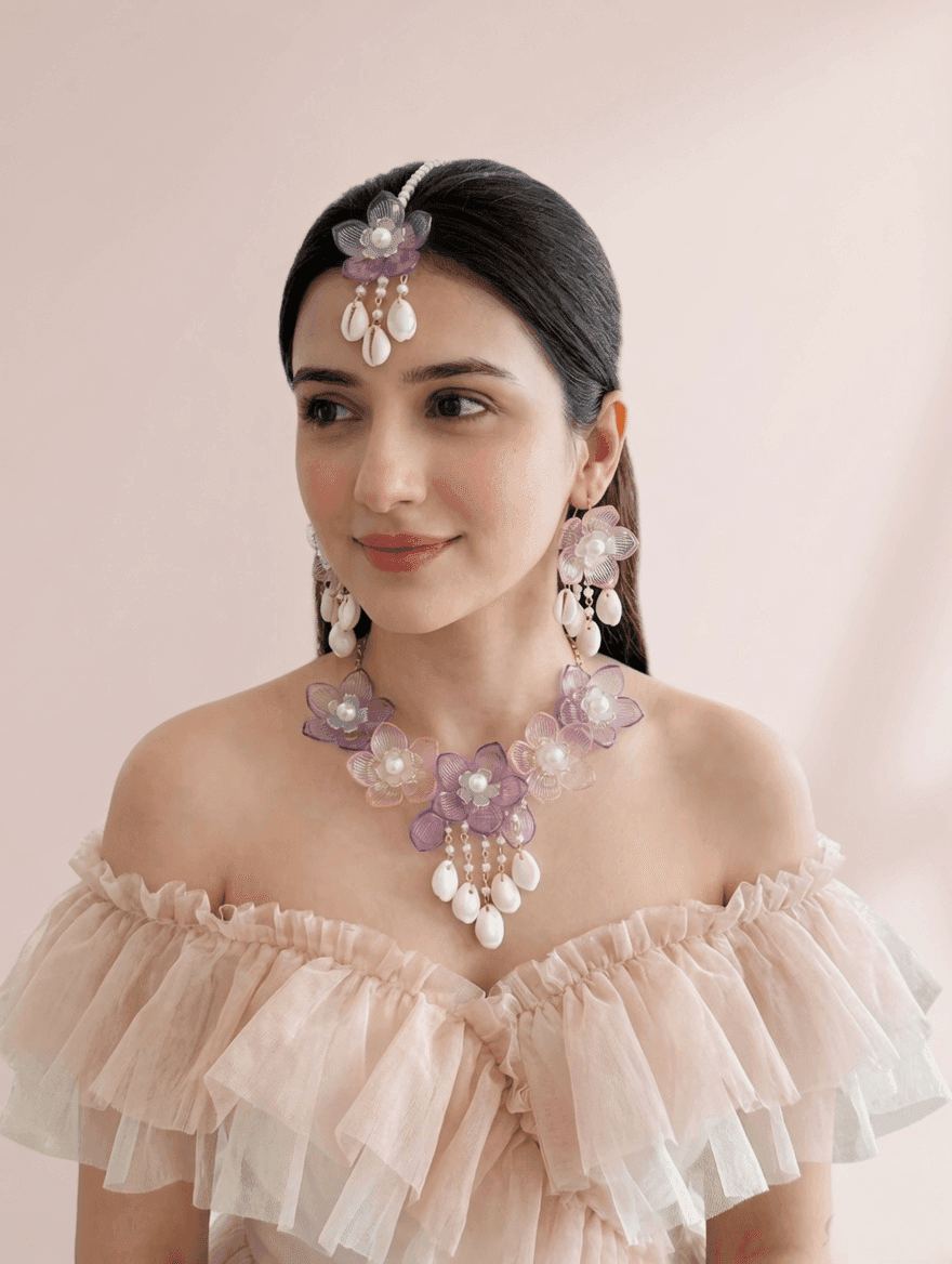 Lavender-Pink Delight: Floral Handmade Resin Carnival Bridal Jewellery Set