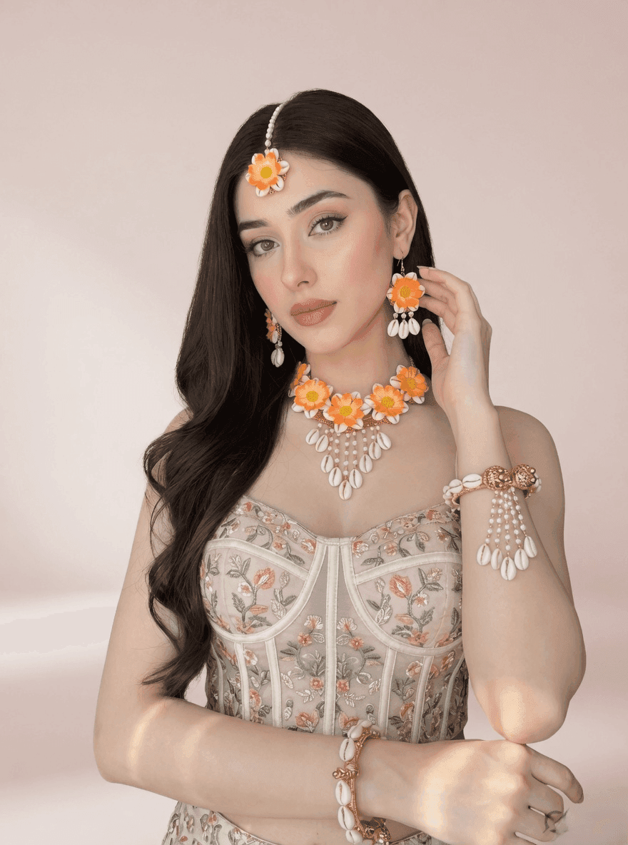 Bridal Orange Blossom Pearl-Decked Cowrie Shell Set for Haldi