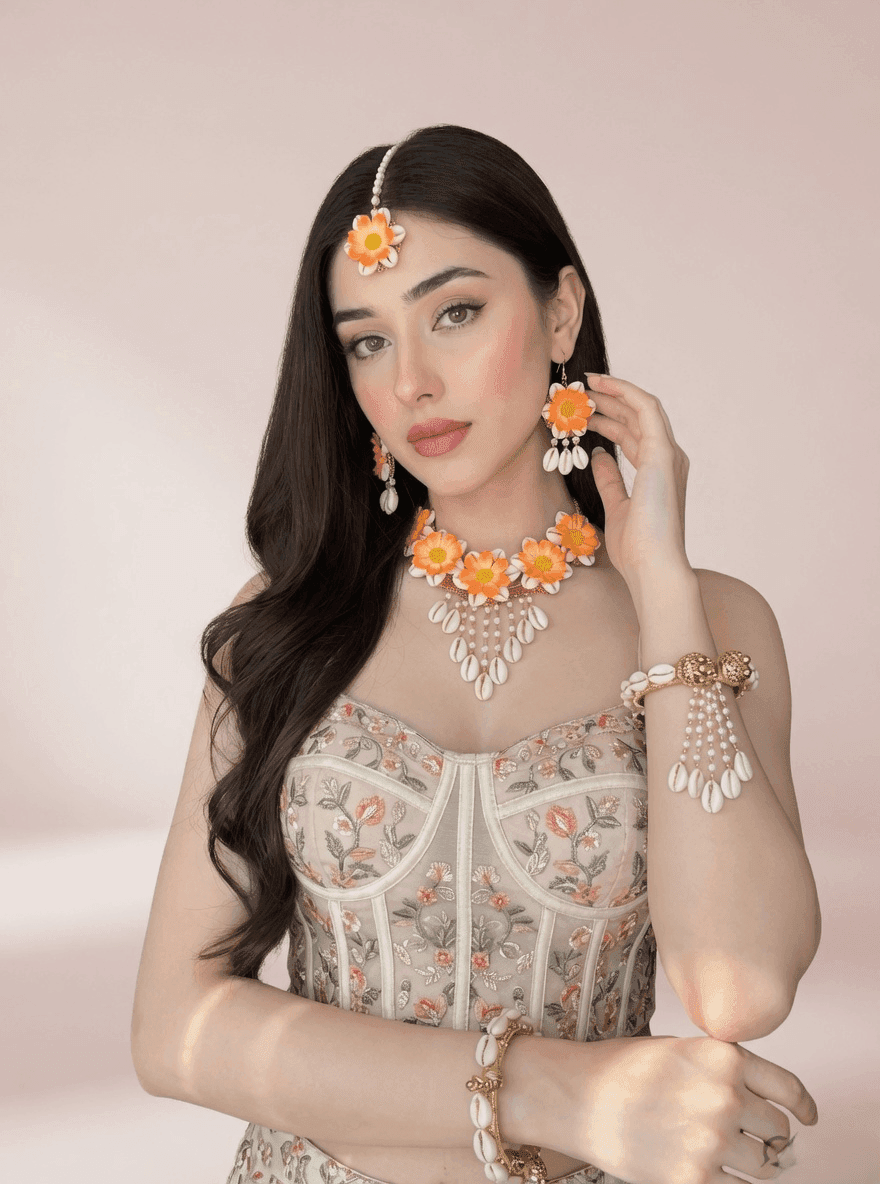 Bridal Orange Blossom Pearl-Decked Cowrie Shell Set for Haldi