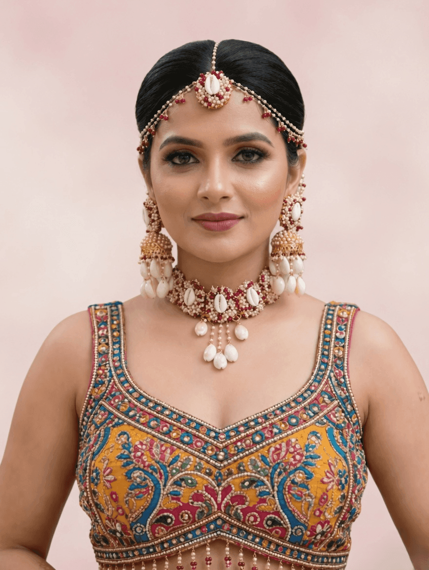 Sea Whispers: Red-White Pearl & Shell Jewellery Set for Haldi-Mehndi