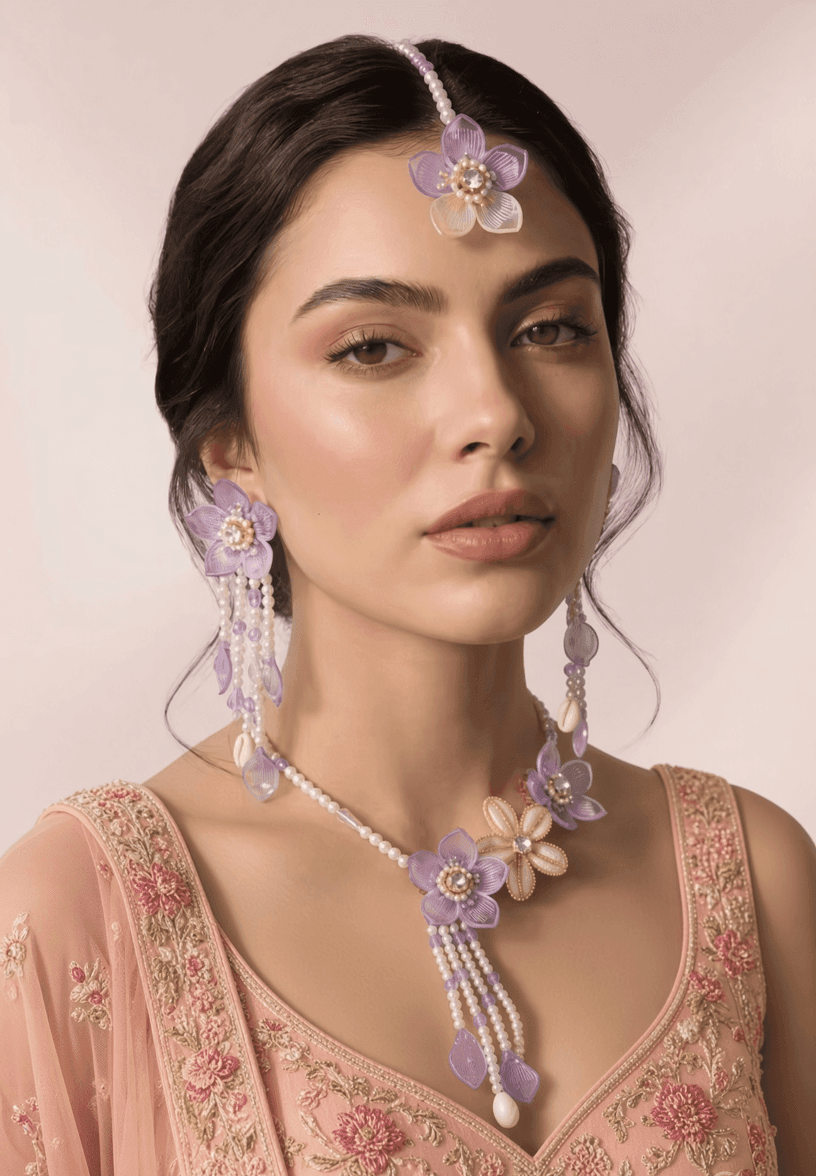 Lavender Bloom - Handmade Floral & Sea Shell Bridal Jewellery Set